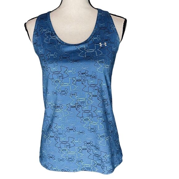 Under Armour Medium Athletic Top HeatGear Racerback Scoop Neck Fitness Blue Logo - Picture 1 of 9